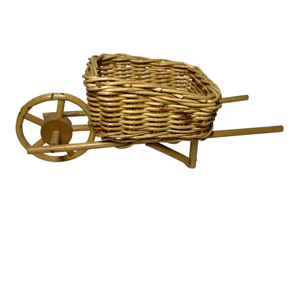 Vintage Wicker Wheelbarrow Cart Display Basket Plant Holder Plush Accessory